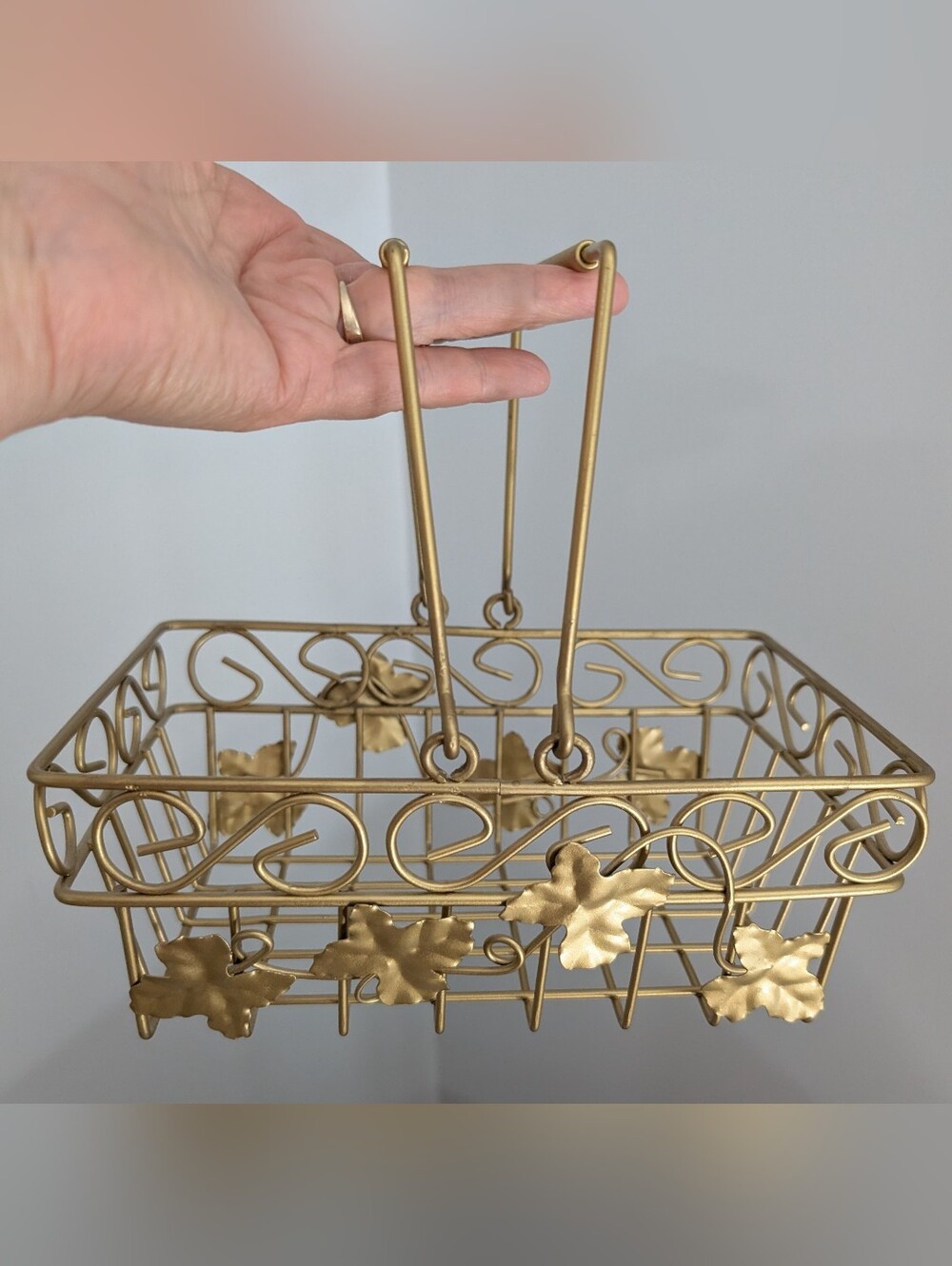 Gold Metal Decorative Basket with Leaf Accents